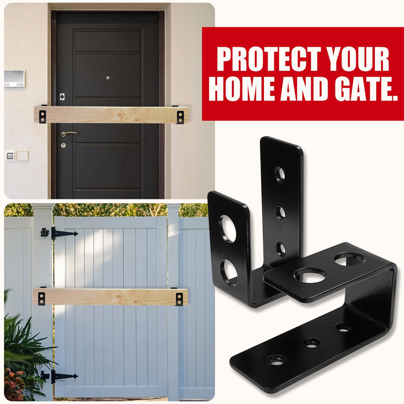 SecurityMan (2-PK) Heavy Duty 2x4 Door Barricade Brackets - 700lbs of Force, Install in Minutes - (4pc) Thick 3.5mm Iron Metal U Bracket | Rust Proof - Gate Bar Holder for Indoor/Outdoor Door Security Black 4 Pack