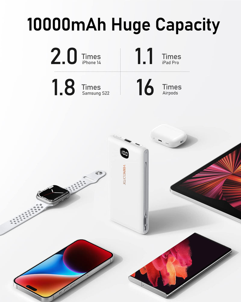 [Australia - AusPower] - VEEKTOMX Power Bank with Built in Cables 22.5W 10000mAh, Portable Charger for iPhone with AC Wall Plug, Fast Charging USB C Slim iPhone Charger with LED Display Compatible with iPhone15/14/13, Samsung 10000mAh White 
