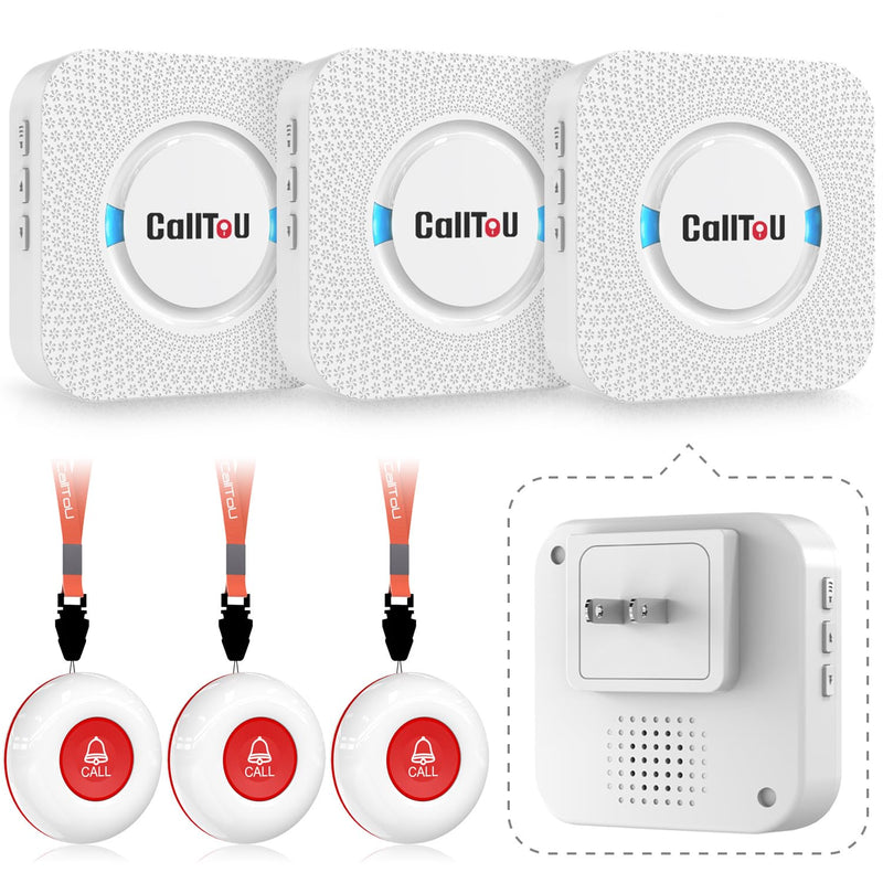 CallToU Caregiver Pager Elderly Alert Call Button for Seniors Smart Patient Call Bell Wireless Emergency Button System Adult Monitors at Home 3 Plugin Receivers 3 Waterproof Portable Transmitters 3 call buttons + 3 receivers