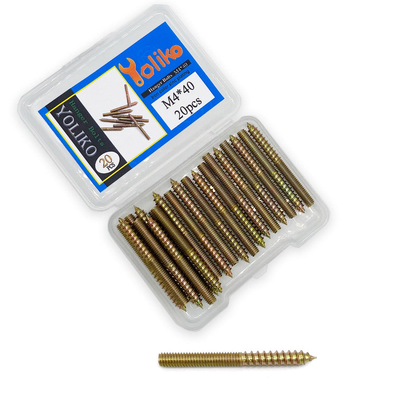 [Australia - AusPower] - 20 Pack M4 x 40 Hanger Bolts 40mm(1.57") Double Headed Bolts 4mm(0.16") Wood Dowel Screw Self-Tapping Screw Hanger Bolts for Furniture Screws Double Screw Threaded Rods Bolt 40mm Length M4X40-20P 