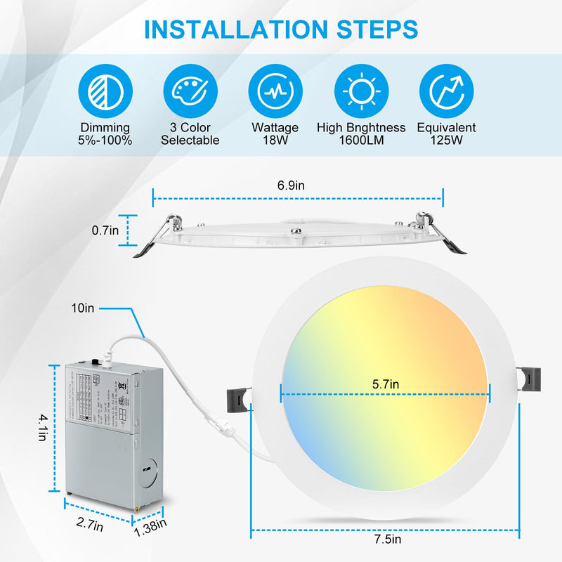 [Australia - AusPower] - 7 Inch 3CCT Ultra-Thin LED Recessed Light with Junction Box, 3000K/4500K/6000K Selectable, 18W Eqv 125W, Dimmable Canless Downlight, 1600LM High Brightness 1 Pack 