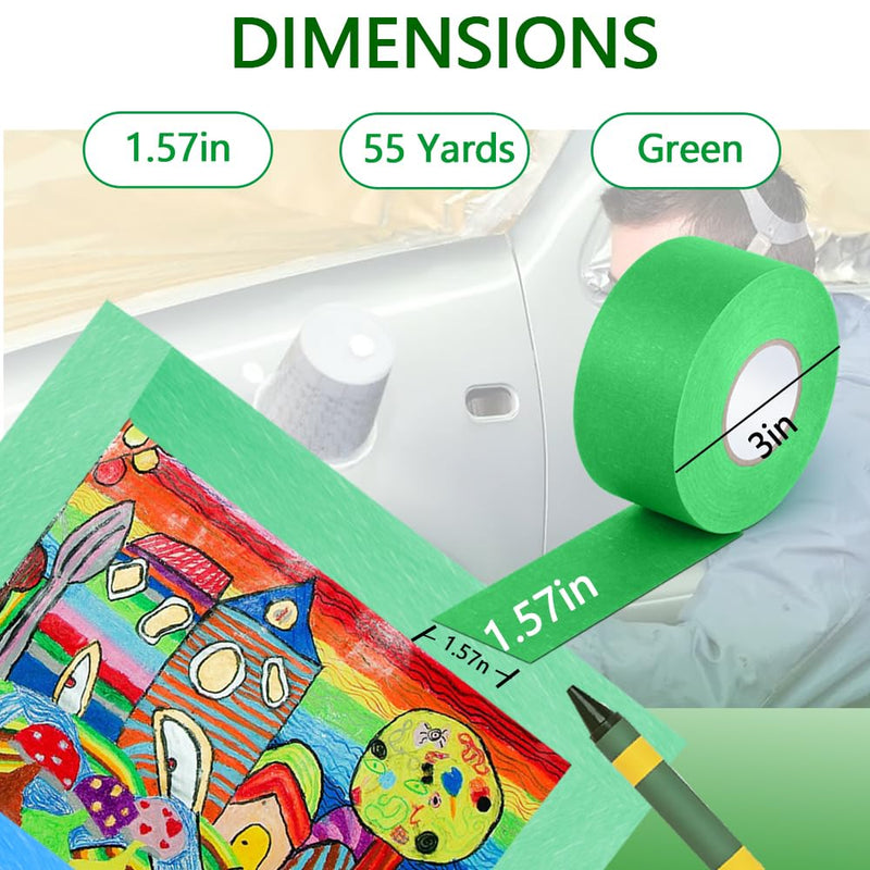 NETEHA 3 Rolls Painters Tape Masking Tape 1.57 Inch x 55 Yard, Heat Resistant No Residue Automotive Adhesive Tape for Automotive Paint and DIY Paint Projects (Green) 1.58in-3rolls