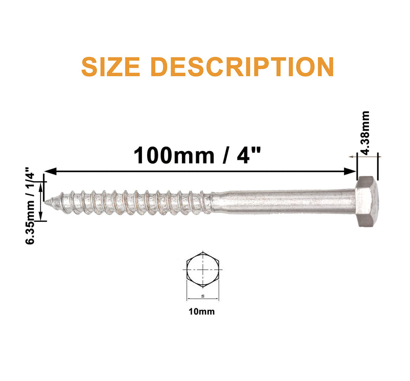 [Australia - AusPower] - binifiMux 20pcs 1/4" x 4" Stainless Steel Hex Head Lag Screws Bolts Coach Bolts, A2-70/18-8, Plain Finish 1/4 in. x 4 in. 20-Pack 