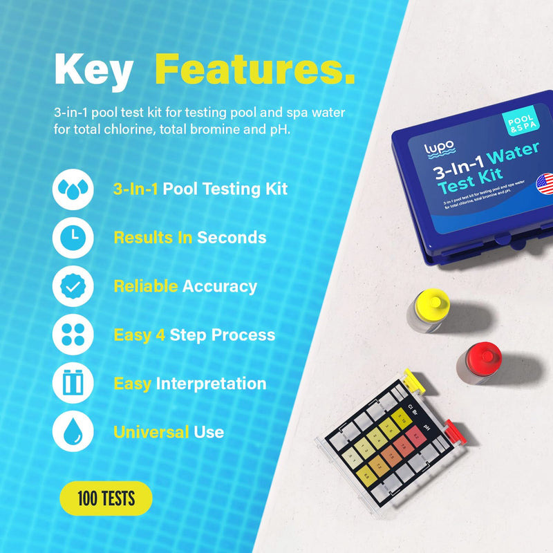 Lupo 3-in-1 Pool Test Kit | Pool Testing Kit for Residential Swimming Pools & Spas for Testing Total Chlorine, Total Bromine & pH | Pool Chemical Test for Quick & Accurate At-Home Pool Water Testing 3-in-1 Test Kit