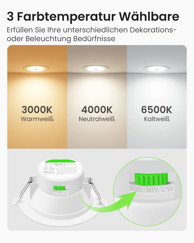Alusso 3CCT LED Recessed Spotlight 230 V Motion Sensor 12 W Hole Size 90-100 mm | PIR Spotlights Warm White Neutral White Cool White IP44 Ceiling Spotlights Recessed Lights for Hallway Staircase Porch White 12 W White With Motion Sensor, Set of 1