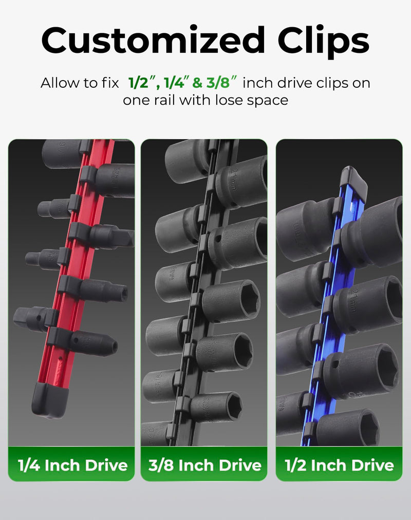 ALOANES 3-Piece 1/4-Inch Drive Aluminum Alloy Socket Rail Organizer, Heavy Duty Socket Racks, Socket Holder Kit for Toolbox Drawer Fit 1/4-Inch x 72 Clips (Red) 3PC, 1/4-inch Drive Red