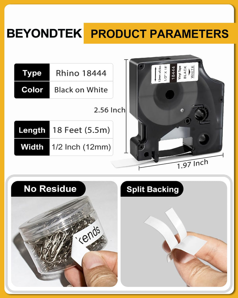 [Australia - AusPower] - 18444 Vinyl Label Tape Work with DYMO Rhino 4200 5200 Label Maker Replacement for Dymo 18444 Rhino Industrial Permanent Vinyl Industrial White 1/2" x18' Work with Rhino 5000 6000,5Packs Rhino Black on White 