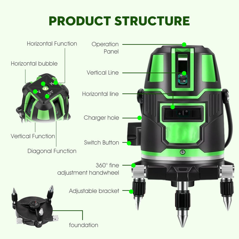 [Australia - AusPower] - 5 Lines Laser Level Tool 360 Self Leveling Precision Cross Line with Tripod, Indoor & Outside Green Laser Level with 2 Batteries & Toolbox for Picture Hanging, Tile Leveling 