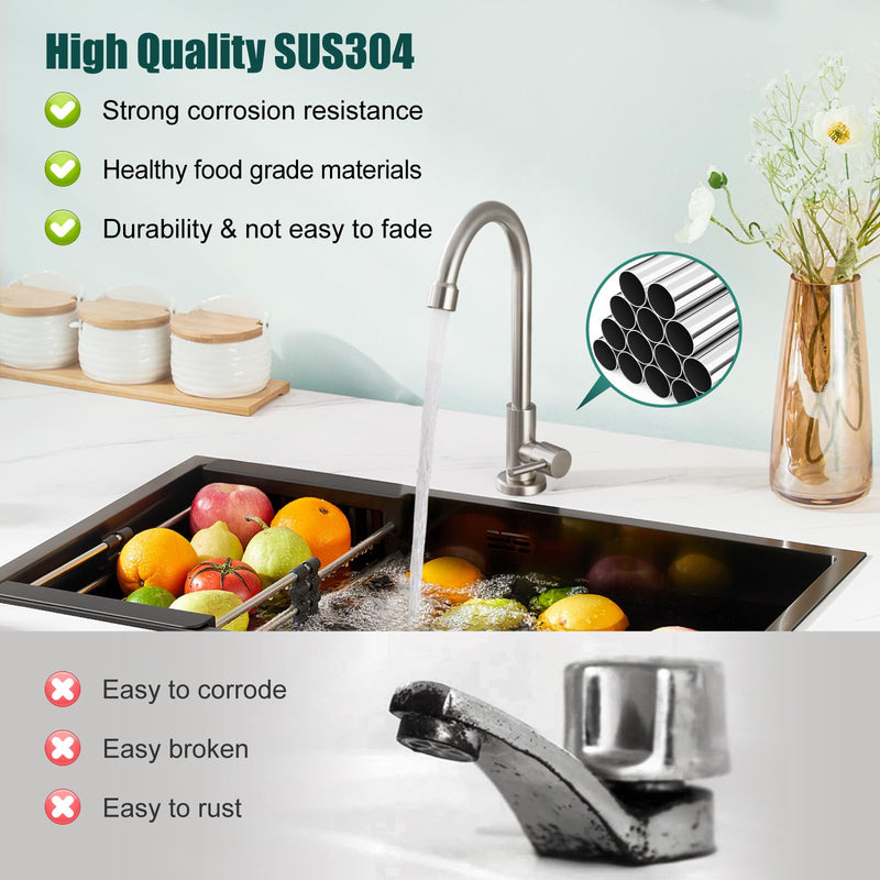 Heyalan Cold Water Only Kitchen Faucet SUS304 Sink Faucets High Arc Gooseneck 360 Degree Rotation Spout Basin Tap with Longer Thread Pipee,Brushed Nickel Brushed Nickel 1
