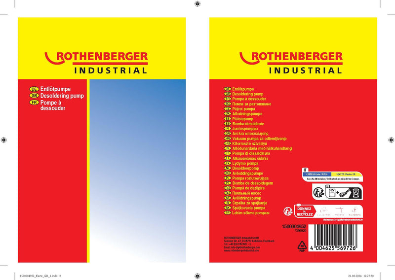 ROTHENBERGER Industrial Desoldering Pump Desoldering Suction Pump Antistatic Pump Soldering Suction Pump Soldering Soldering Soldering Aid Teflon Tip Light Metal 1500004952