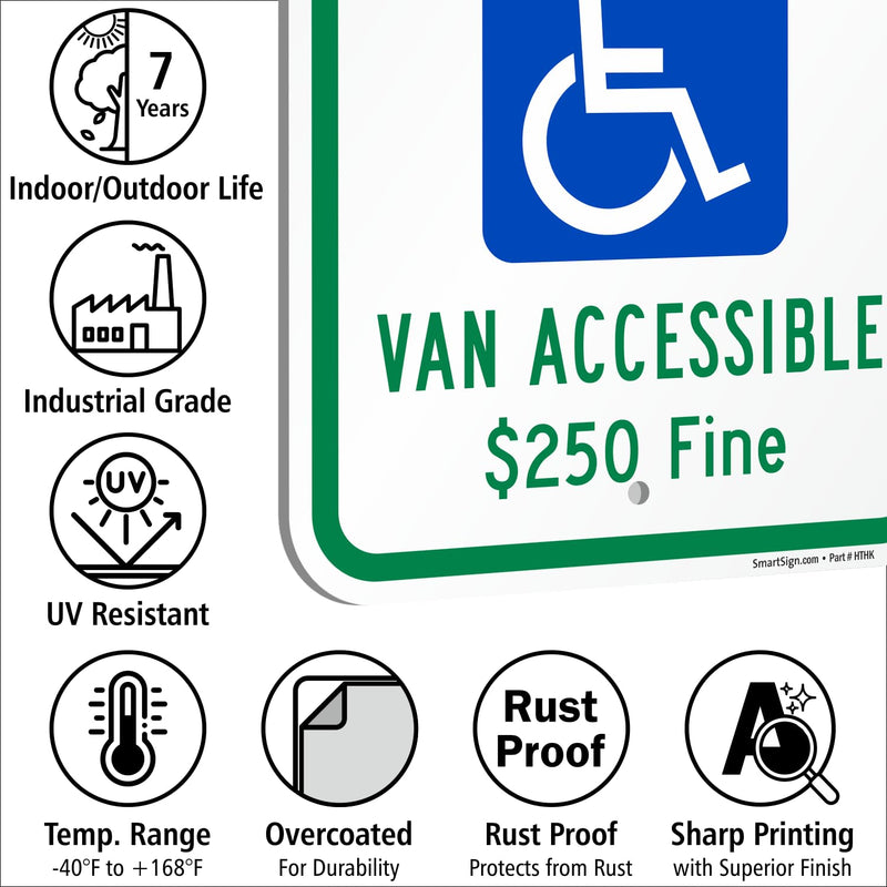 SmartSign Reserved Parking Van Accessible $250 Fine Sign with Handicap Symbol - 12" x 18", 120 mil Aluminum Composite (ACM), Engineer Grade Reflective Material, Green, Blue and White