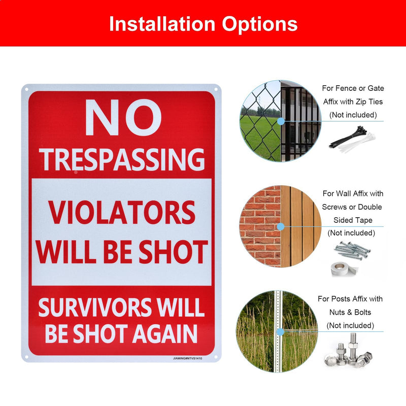 No Trespassing Signs,Violators Will Be Shot Sign, 2 Pack 14"x10" RustFree Reflective Aluminum Survivors Will Be Shot Again Signs, UV Protected,FadeResistant and Weather Resistant, Easy to Mount. Red