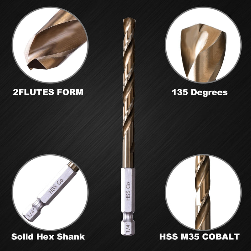 Hex Shank Cobalt Drill Bit Set 16Pcs 1/16"-3/8", M35 HSS Twist Impact Drill Bits for Metal and Hardened Steel, with Indexed Storage Case 16pcs 1/16-3/8