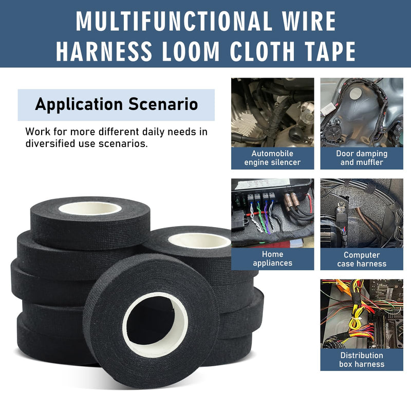 Wire Harness Tape,High Temp Self-Adhesive Felt Cloth Electric Tape for Engine Bay Wire Loom, Noise Reduction & Protection, 3/4 inch x 50 FT, 10 Rolls
