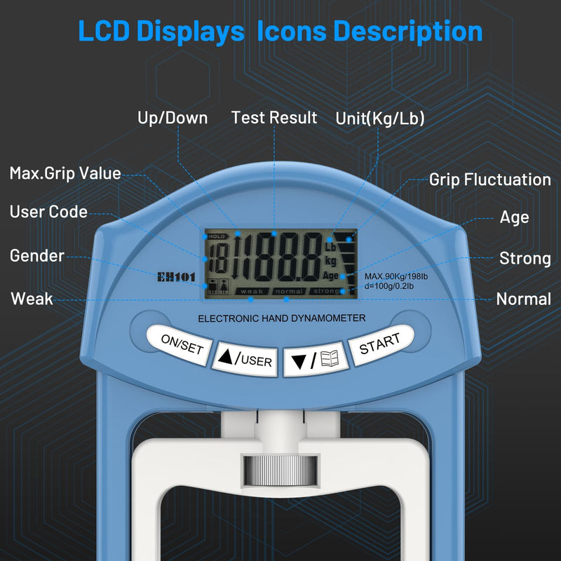 [Australia - AusPower] - Blue Electronic Hand Dynamometer - 90 kg / 200 lbs Capacity Hand Grip Strengthener with 19 Records - Ideal for Strength Training, Rehabilitation and Progress Tracking blue 