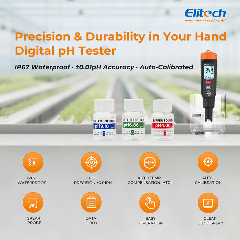 [Australia - AusPower] - Elitech Professional pH Pen Meter - Digital Tester for pH & Temperature in Hydroponics, Growing Solutions with Full Calibration Kit for Plant Health, PHM-230 