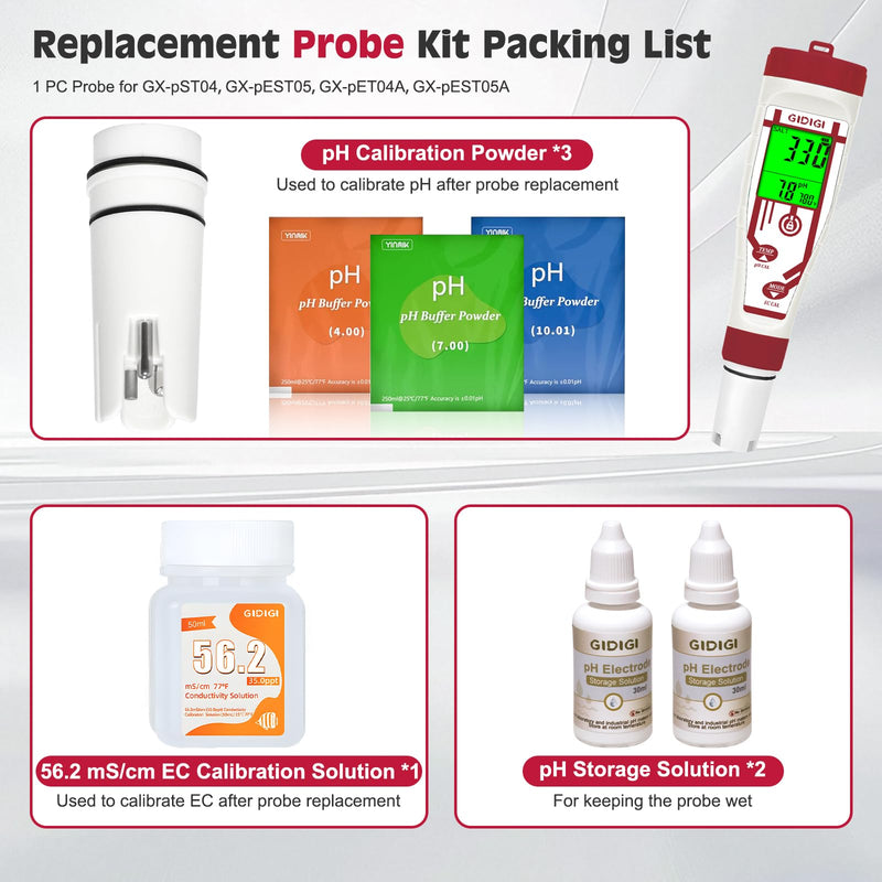 [Australia - AusPower] - Replacement pH Probe with 2 * 250ml pH 7.0 Buffer Solution for GIDIGI Simultaneously Display pH Meter, pH Electrode with 56.2mS/cm 35 PPT EC Calibration Solution and pH Storage Solution for GX-A05 