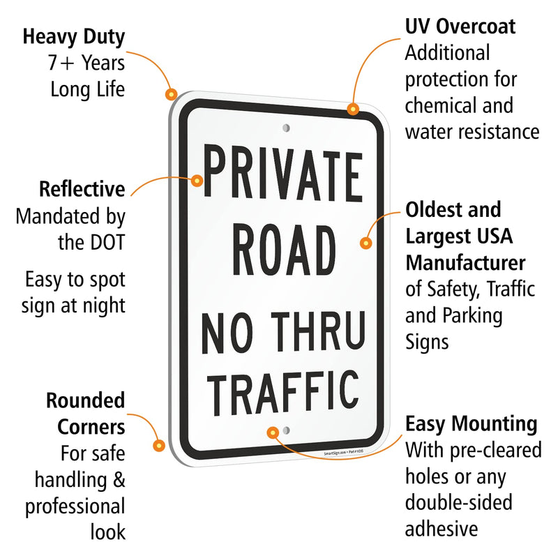SmartSign 12 x 18 inch "Private Road No Thru Traffic" Metal Sign, 120 mil Aluminum Composite (ACM), Engineer Grade Reflective Material, Black on White, Made in USA Black on White, 12" x 18", 120 mil ACM