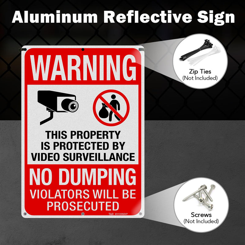 [Australia - AusPower] - T&R Large No Dumping Sign, Property Protected By Video Surveillance Sign, 14" x 10" Rust Free .040 Aluminum Reflective, Weather Resistant, Waterproof, Fade Resistant, 6 Pre-drilled Holes - 2 Pack 14" x 10" - 2 Pack 