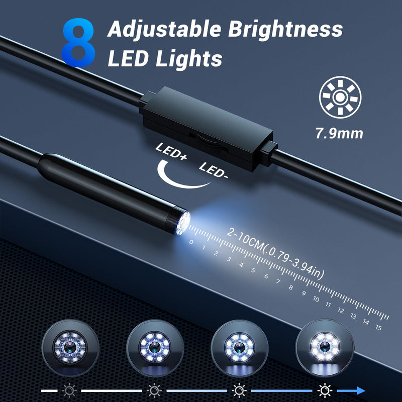 [Australia - AusPower] - Borescope Endoscope Camera with Light for Iphone: 1920P HD Inspection Camera with 8 Adjustable Led Lights, 16.4ft Semi-Rigid IP67 Waterproof Bore Scope Snake Cameras for Android 