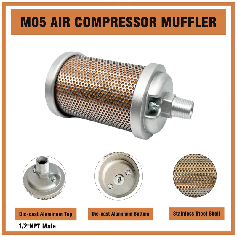 [Australia - AusPower] - M05 Air Compressor Muffler 1/2" NPT Male, Air Exhaust Silencer for Dryer Compressor Air Pump, Compressed Air Equipment and Systems, 145 PSI 