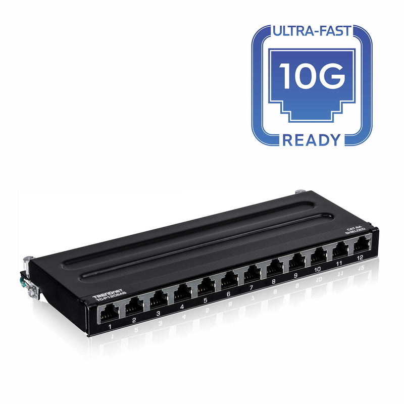 TRENDnet 12-Port Cat6A Shielded Patch Panel, 10G Ready, Cat5e,Cat6,Cat6A Compatible, Metal Housing, Color-Coded Labeling for T568A and T568B Wiring,Cable Management,Wall Mountable, Black,TC-P12C6AS 12 port