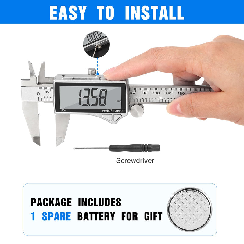 [Australia - AusPower] - Adoric Digital Caliper, Caliper Measuring Tool Stainless Steel Vernier Caliper Digital Micrometer with Large LCD Screen, Easy Switch from Inch Metric Fraction, 0-6" Caliper Tool for DIY/Household 6" Ss-large Lcd 