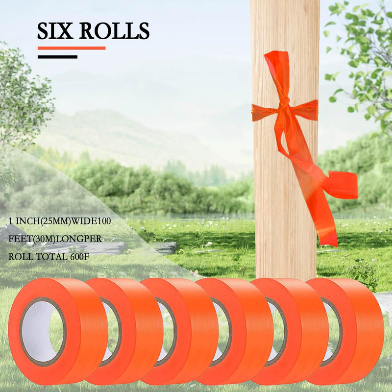 6 Pack Orange Flagging Tape, Non-Adhesive Plastic Ribbon Neon Marking Roll,1inch*600ft, Marking Tape for Tree Marking, Hunting, Boundaries Hazardous Areas,Trail Marking, Workplace Use