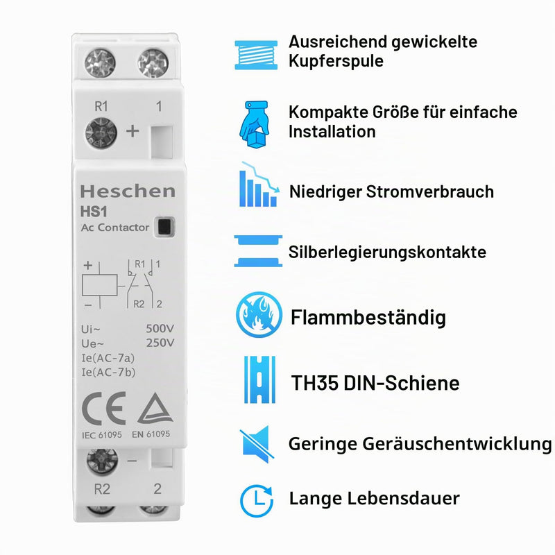 Heschen Household AC Contactor, HS1-16, Ie 16A, 2-Pole, 1NO 1NC, DC 12V Coil Voltage, 35mm DIN Rail Mounting DC12V 1NO 1NC 2P