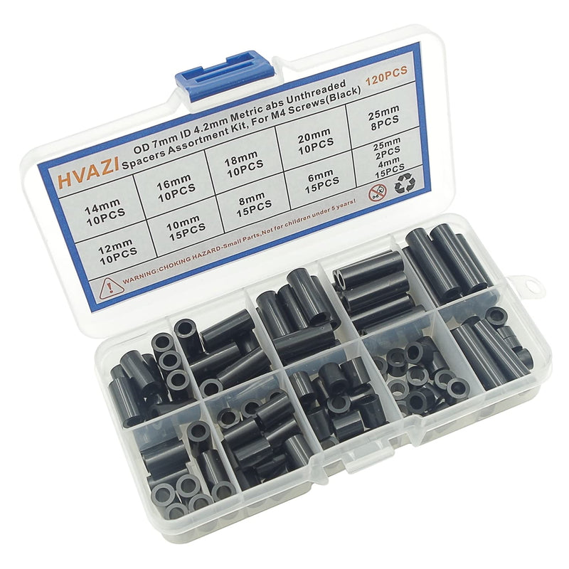 [Australia - AusPower] - Metric Black OD 7mm ID 4.2mm ABS Plastic Round Unthreaded Spacers Assortment Kit;for M4 Screws.4mm to 25mm Height,Round Straight Tube Standoffs 
