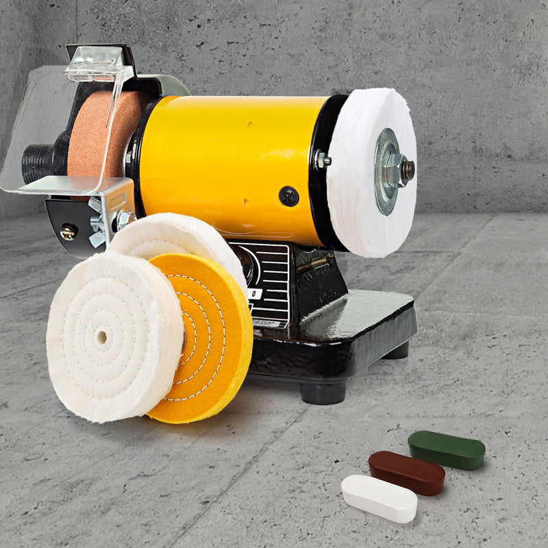 [Australia - AusPower] - Hedume 7 Pcs 6" Polishing Wheels Kit for Bench Grinder, 1/2" Arbor Hole 2 White Cotton Polish Wheel(70Ply), 1 Yellow Cotton Wheel(42Ply), 1 Soft Flannel Buffing Wheel(30Ply), 3 Polishing Compound Set 