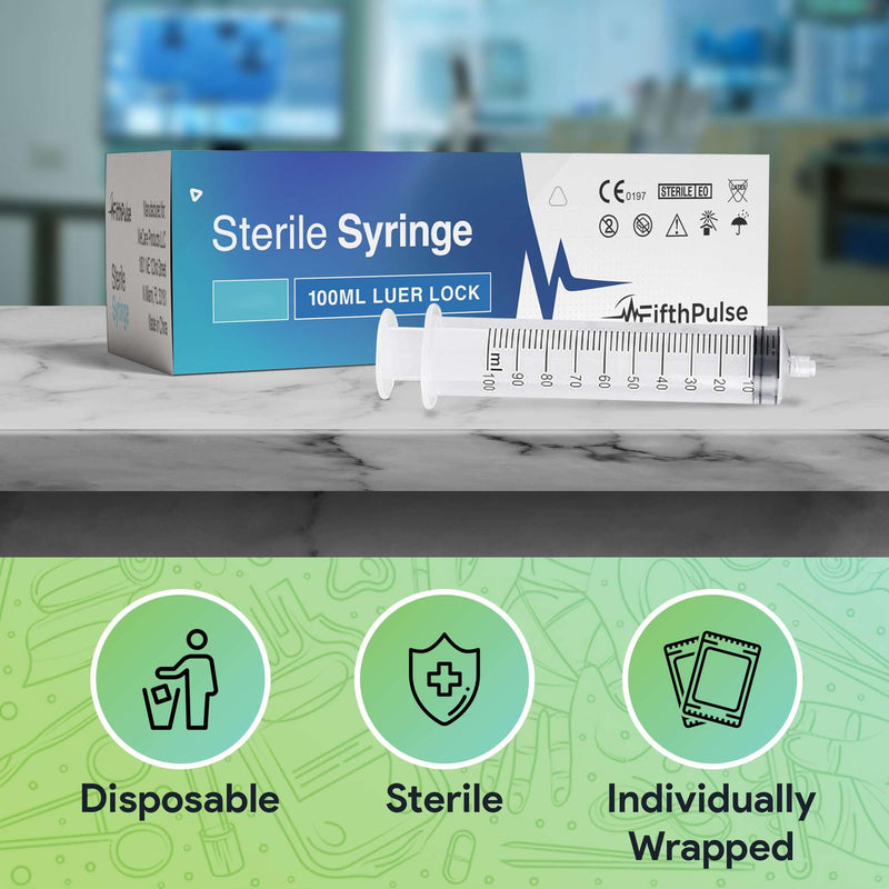 [Australia - AusPower] - 100 ml Syringe without Needle - 5 Pack of Individually Wrapped Disposable Syringes - Good for Medical, Scientific Lab, Home Use, and More - Sterile Luer Lock Syringes 100 ML 5 Pack 
