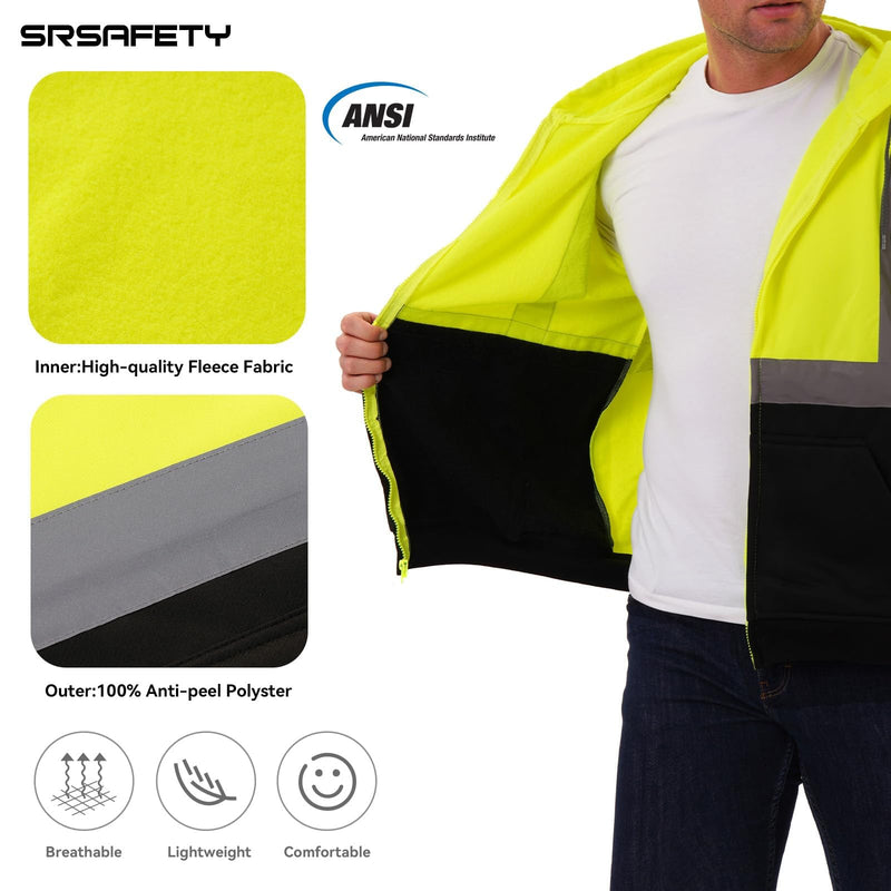 SRsafety Hi Vis Safety Hoodie Fleece Reflective Class 3 Sweatshirt | Hi Vis Pullover Hoodie Black Bottom Utility Pockets & Drawstring Hood XX-Large Lime Zipper