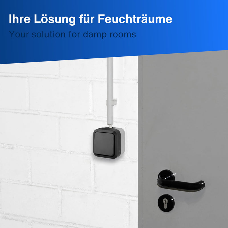 REV 0004310400 AquaStorm Push-Button Light Switch, Wet Room, IP55 Single Pole, Flush-Mounted, Anthracite | Suitable for damp rooms, durable and robust, ideal for outdoor and cellar areas, single pole, 230 V, 10 A 1 x button