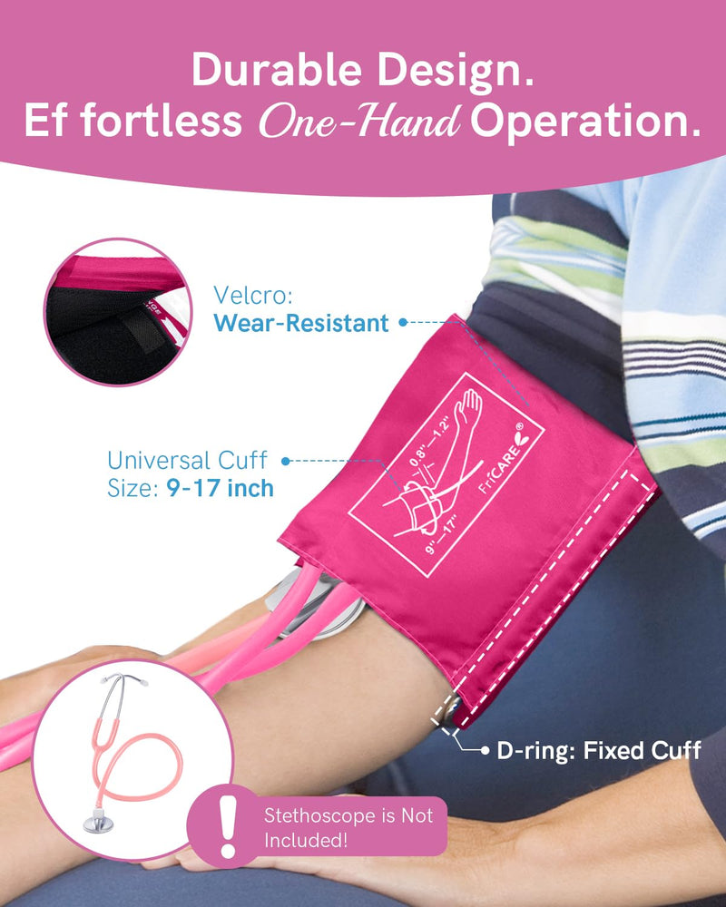 [Australia - AusPower] - FriCARE Pink Manual Blood Pressure Cuff for Nursing Students - Professional Sphygmomanometer for Doctor's Office - Durable Nylon Cuff for BP Monitoring, Carrying Case Included, Universal Adult Size Hot Pink 