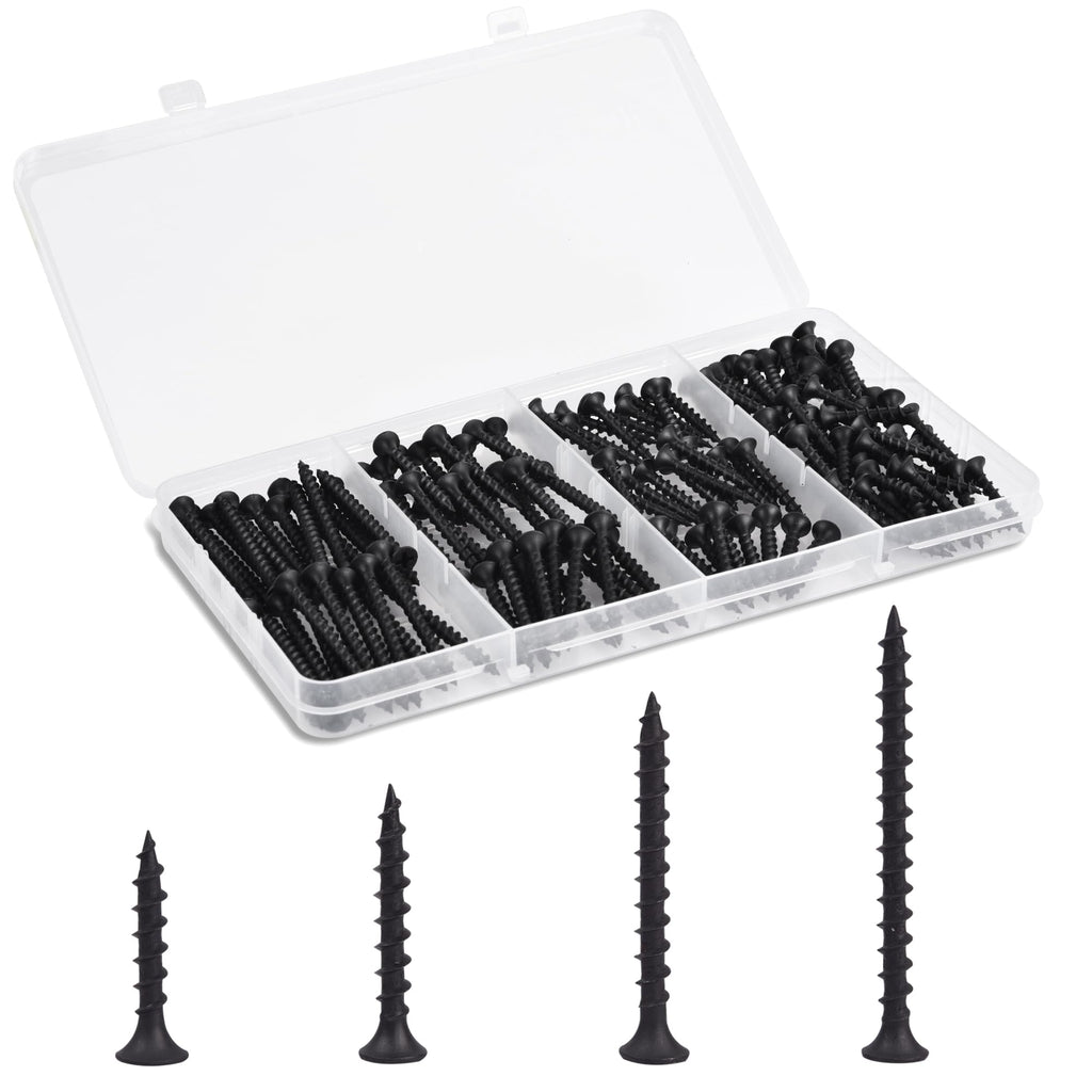 Drywall Screws Assortment Kit - 170 Pcs Black Wood Screws Phillips Tips, Coarse Thread Sheetrock Screws Set, Self Tapping Screws 4 Sizes 1",1-1/4",1-5/8",2in