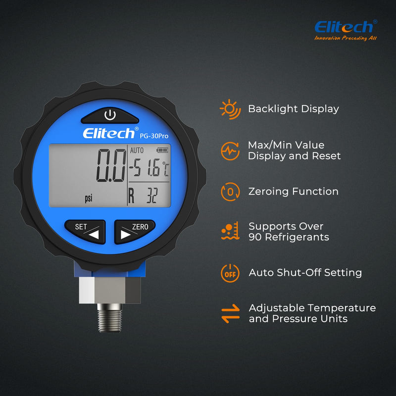 [Australia - AusPower] - Elitech PG-30Pro Blue Refrigeration HVAC Digital Pressure Gauge -14.5-500 PSI 1/8'' NPT 