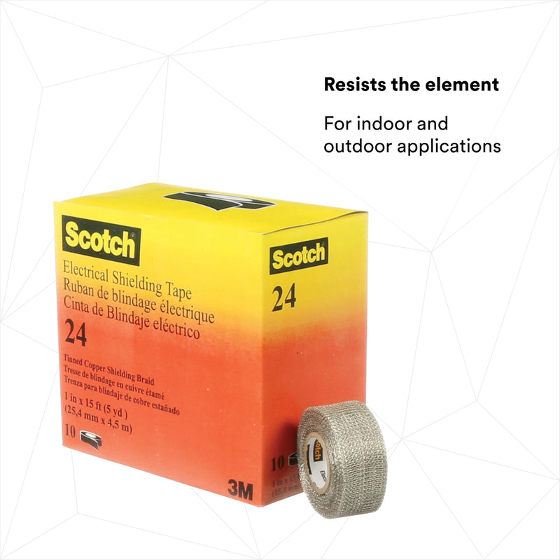 3M Scotch Electrical Shielding Tape 24, 1 in x 15 ft (25 mm x 4.6 m), Tinned Copper, Open-weave, Shielding Braid Tape, 1 roll