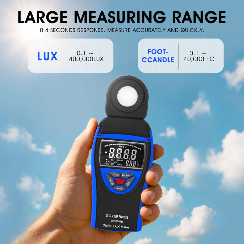 [Australia - AusPower] - Illuminance Light Meter, Digital Lux Foot Candles Meter 0.1~400,000 Lux (0.1~40,000 FC) with 270º Rotatable Detector, Lumen Meter Luxmeter for Indoor Outdoor（Blue） 