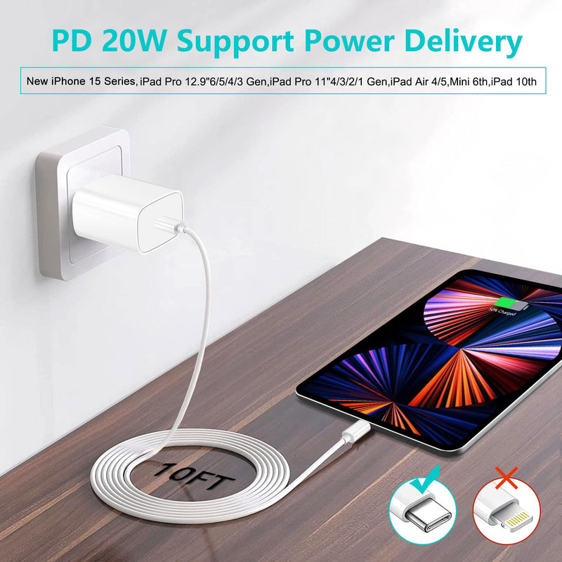 [Australia - AusPower] - iPhone 15 Charger,iPad Pro Charger,20W USB C Fast Charger with 10FT Long Fast Charging Cord for iPhone 15 Pro Max/Plus,iPad Pro 12.9 5th/4th/3rd,11 inch 3/2nd,iPad Air 5th/4th,iPad Mini 6th,iPad 10th A-White 