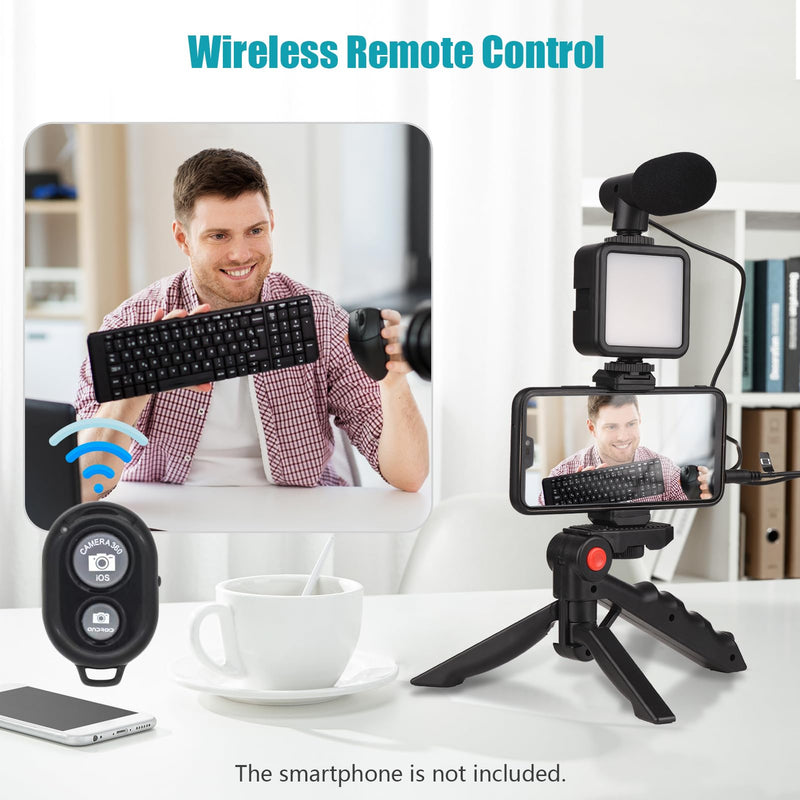 [Australia - AusPower] - Mini Smartphone Vlog Kit with LED Video Light, Cardioid Microphone, Extendable Phone Clip, Adjustable Brightness Tripod for Live Streaming, Vlogging, Video Conferencing & Selfies 