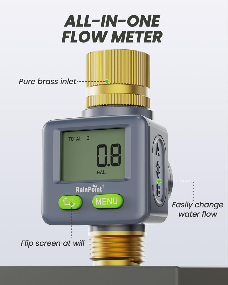 [Australia - AusPower] - RAINPOINT Water Flow Meter with Brass Inlet & Outlet, 180° Screen-Flip Water Meter, Measure Gallon/Liter Consumption for RV Filling, Garden Watering, Sprinkler and Hoze Nozzle Gray 1 pcs 