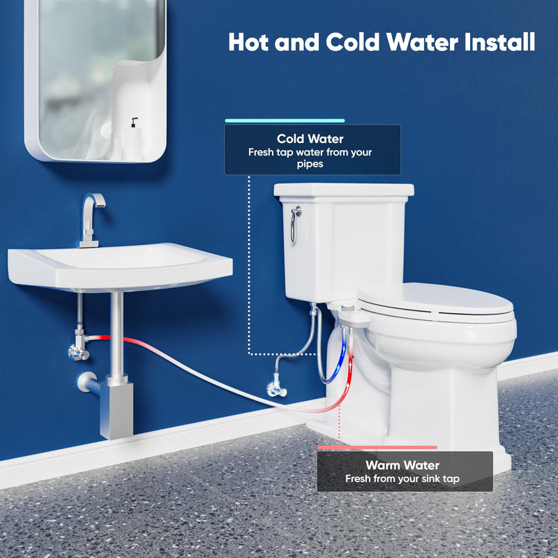 Hot and Cold Bidet, Warm Water Bidet Attachment for Toliet, Non-Electric Warm Bidet with Adjustable Water Pressure, Dual nozzle Rear and Feminine Wash - Self cleaning (White) White