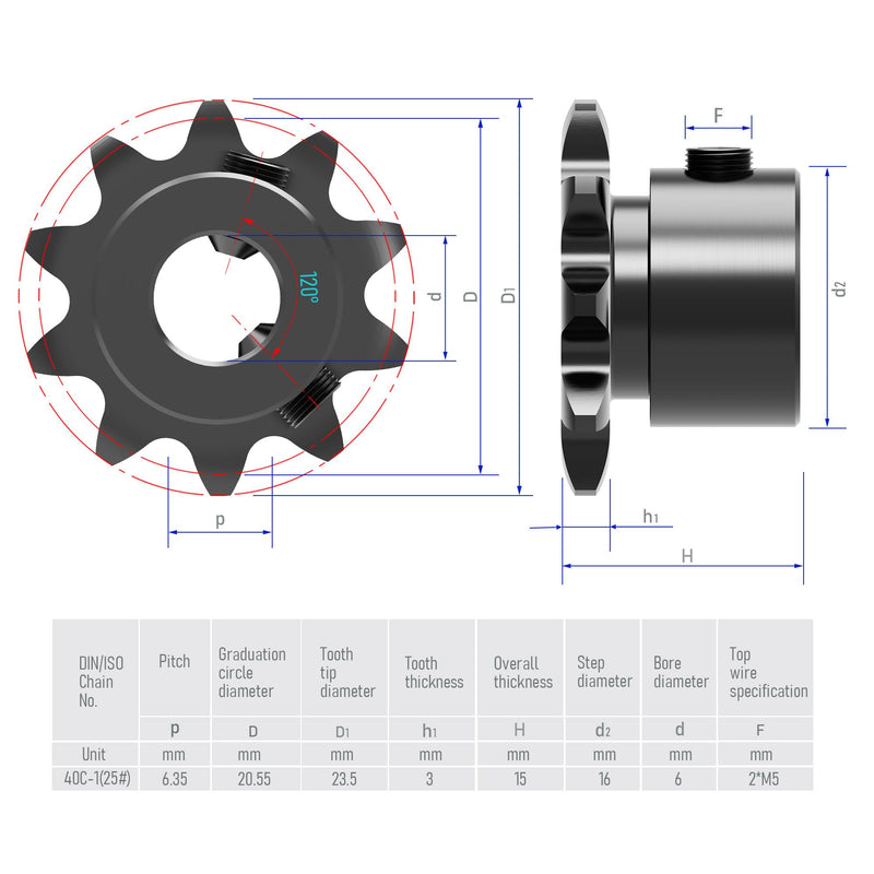 [Australia - AusPower] - 10 Tooth Roller Chain Sprocket B Type Hardened Teeth, 25 Chain Sigle Strand 1/4-Inch Pitch, 6mm Bore Black Oxide C45 Carbon Steel with Fasten Screws for 04C Chain 
