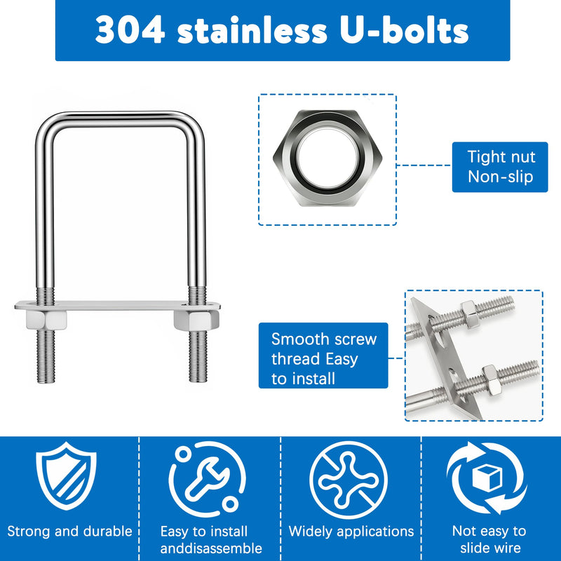 [Australia - AusPower] - 2" W x 4.33“ L Stainless Steel Square Bend U Bolts with Nuts and Frame Plate for Automobiles Trailer, Ski Boat, or Sailboat Trailer Square U-Bolt ?M10 x 50mm x 120mm? 