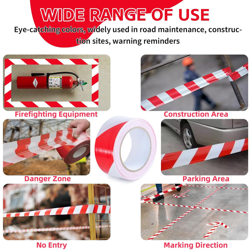 2 Inch x 108 Ft Red & White Caution Floor Tape - Safety Warning Hazard Tape Roll - Strong Adhesive Waterproof High Visibility Stripe Tapes - Ideal for Marking, Garage, Construction, Warehouse 2 Inch x 108 Ft Red & White Caution Tape