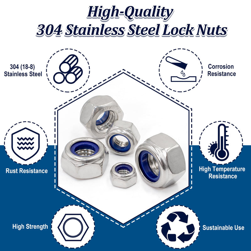 [Australia - AusPower] - 140 Pack Locknuts Assortment Kit,M3 M4 M5 M6 M8 M10 M12 Metric Nylon Insert Lock Nuts Sets,304 Stainless Steel Standard Threaded Nylock Nuts for Bolt 140 Pack;Metric Locknuts 1 