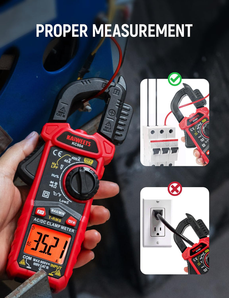 [Australia - AusPower] - KAIWEETS Digital Clamp Meter Multimeter with D-Shaped Jaw for AC/DC Current & Voltage, Auto-ranging 4000 Counts Voltage Tester with Flashlight Backlight, Measuring Temperature Continuity Diode NCV 