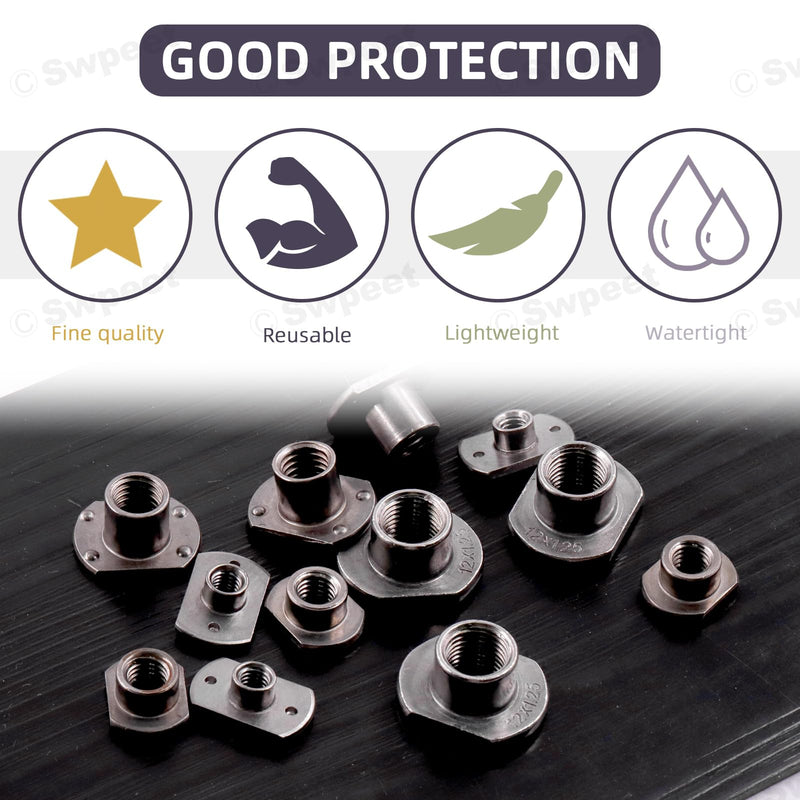 [Australia - AusPower] - Swpeet 32Pcs M6 M8 M10 M12 Black T-Shaped Weld Nuts Kit, Tab Base UNC Carbon Steel Machine Screw, Welding Hood Fasteners Ideal for Furniture Vehicles Caster and Industry Machine Assortment Kit 
