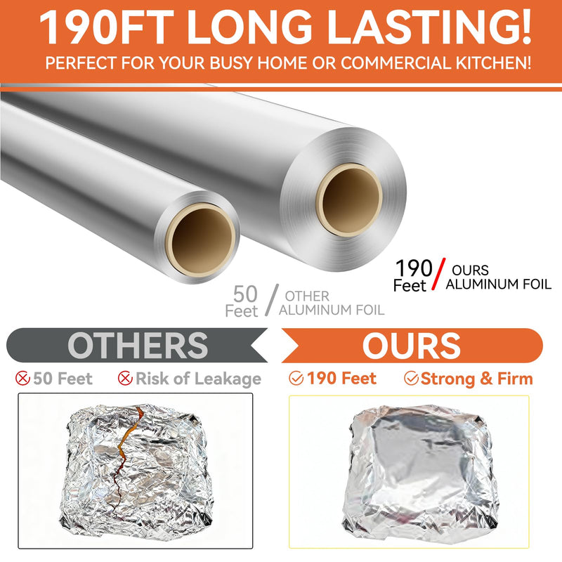 Aluminum Foil Roll, 12in x 190ft Aluminum Foil, Thick Strong Tin Foil with Cutter, Food Safe Cling Wrap for Cooking, Baking, Roasting, Grilling, Freezer Storage